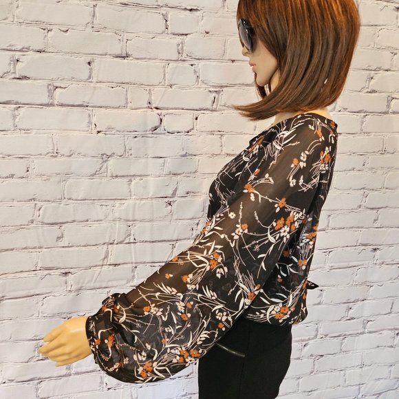 RW&Co. floral print cropped balloon sleeve sheer blouse - Picture 9 of 14